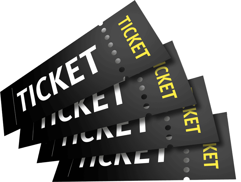 Stack of black event tickets with yellow text
