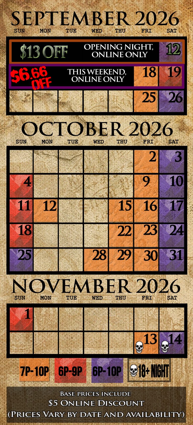 Factory of Terror Fall River Calendar 2026 showing haunted house event dates, nightly hours, and online discounts for September, October, and November
