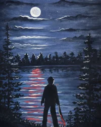 Horror themed moonlit lake painting with silhouetted figure holding weapon at Factory of Terror Paint Night Fall River MA