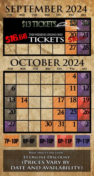 2024 Factory of Terror Haunted House calendar showing event dates and ticket prices for September and October.