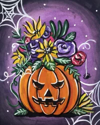 Haunted Harvest Bouquet painting with pumpkin and flowers, featured at Factory of Terror Paint Night in Fall River MA