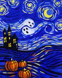 Starry Nightmare painting with ghosts, pumpkins, and haunted house inspired by Starry Night, featured at Factory of Terror Paint Night